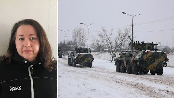 Montage. På vänstra sidan en porträttbild av Taisiia Mosissa, långt brunt hår och iförd arbetskläder. På vänstra sidor stridsvagnar som rullar på en snötäckt väg i Charkiv, Ukraina.