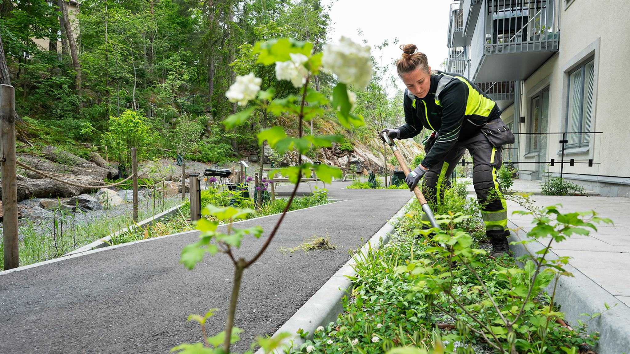 Trädgårdsmästare Ida Johannesson gräver i rabatten.