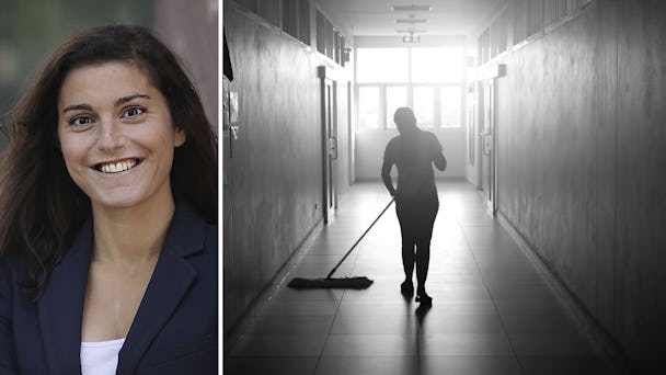 Delad bild med porträtt på Jessica Forss Katz, näringspolitisk expert på Almega Serviceföretagen, och en siluett av städare i en korridor där solen skiner in.
