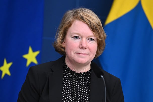 Porträtt på Malin Danielsson (L) på ett podium framför en EU-flagga.