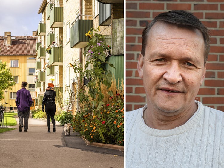 Fotomontage med miljöbild från bostadsområde i Malmö och porträtt på Timo Närhi, ordförande för Fastighets arbetsplatsklubb.