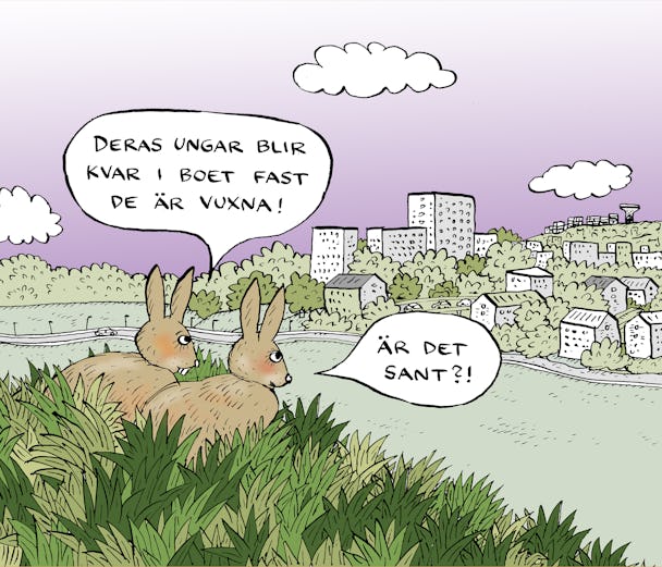En illustration på två harar som tittar på ett bostadsområde. Den ena säger ”Deras ungar blir kvar i boet fast de är vuxna”. Den andra säger ”Är det sant?!”.