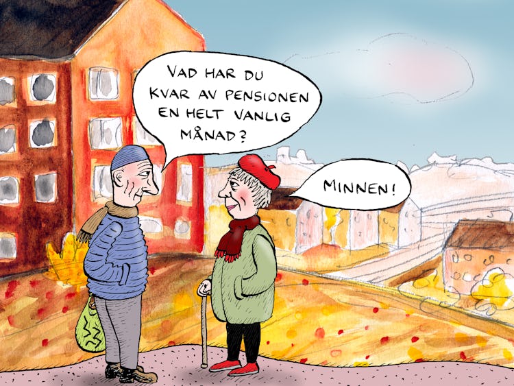 Illustration av två äldre som står och pratar framför ett bostadshus. Mannen säger: ”Vad har du kvar av pensionen en helt vanlig månad?”. Kvinnan svarar: ”Minnen.”