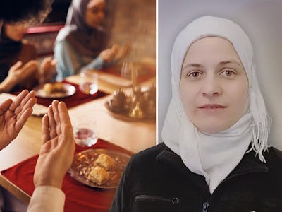 Delad bild med en man som ber vid ett middagsbord på kvällen och ett porträtt på fastighetsskötaren Marah Marah Alsolaiman.
