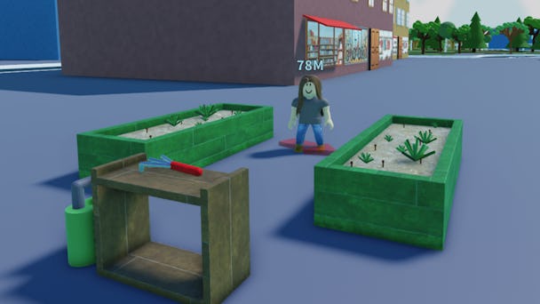 Skärmdump ur spelet där en Roblox-figur står vid några växtlådor.