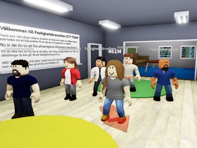 Skärmdump där sex Roblox-figurer står uppställda i ett rum.
