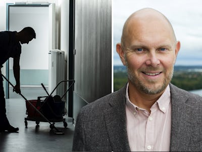 Delad bild på en man som, städar en korridor med mopp och hink och ett porträtt på Johan Gammelgård i kavaj.