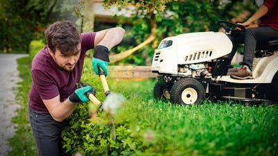 En man trimmar en häck med häcksax medan en annan person kör en åkgräsklippare i en trädgård.