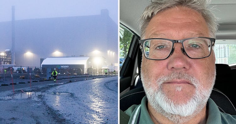 Vänster: Byggnadsarbetare på en dimmig industriplats. Höger: En man med glasögon och grått skägg i en bil.