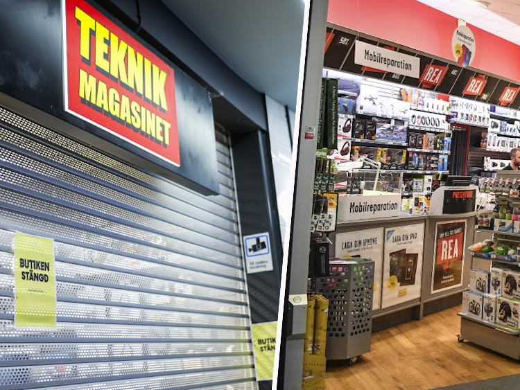 Två bilder på en butik med stängd dörr på Teknikmagasinet.