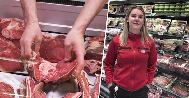 En kvinna i en röd jacka tittar i kameran. En bild på någon som stjäl kött.
