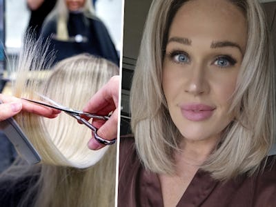 Två bilder på en kvinna som klipper sig.