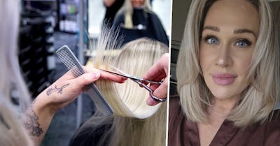 Två bilder på en kvinna som klipper sig.