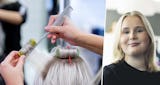 En frisör jobbar på en kvinnas hår med rullar och en kam i en salong.