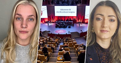 Bildkollage med två kvinnor och en konferensscen. Till vänster ses en kvinna med ljust hår, till höger en kvinna med mörkt hår. I mitten visa en konferens med en skärm som visar svensk text.