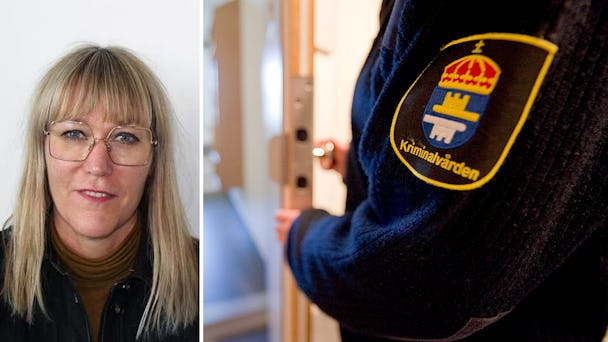 Delad bild. På vänstra sidan en porträttbild av häkteschefen Malin Sparrström. På högra sidan extrem närbild på en person som står och håller upp en dörr. Vi ser i stort sett bara vänsterarmen på personen, och en patch på överarmen med Kriminalvårdens logotyp.