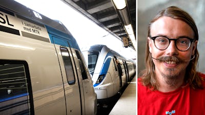 Två tåg vid en plattformsstation till vänster. Närbild på Viktor Risling med glasögon, mustasch och långt hår till höger.