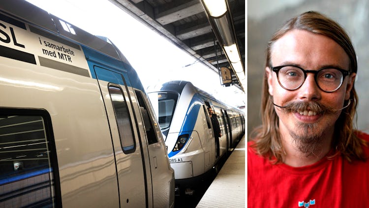 Två tåg vid en plattformsstation till vänster. Närbild på Viktor Risling med glasögon, mustasch och långt hår till höger.