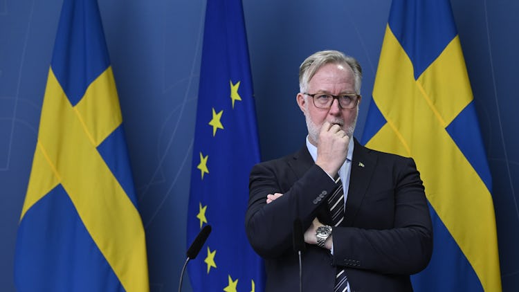 Johan Pehrson på en pressträff, iklädd kostym med svenska flaggan samt EU:s flagga i bakgrunden.