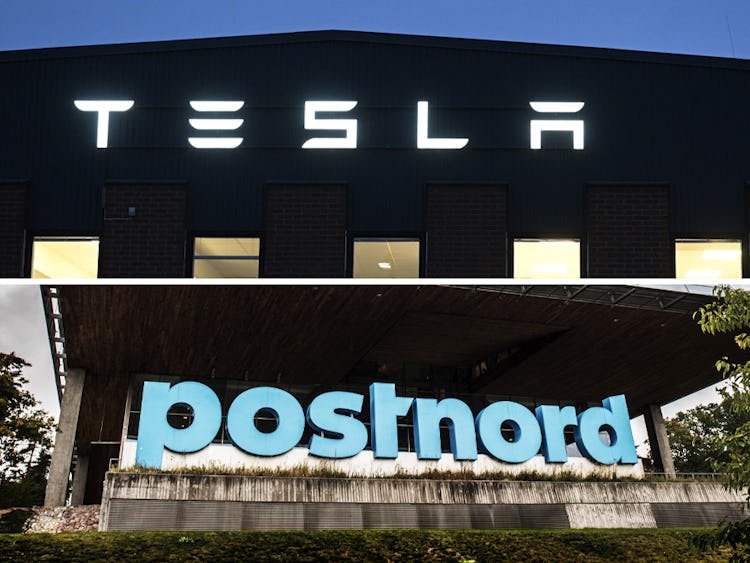 Delad bild på fasad där det står ”Tesla” och ”Postnord”-text utanför Postnords huvudkontor.
