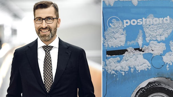 Mattias Krümmel, Postnords avgående vd i kostym, och en bild på en bild med snö från Postnord.