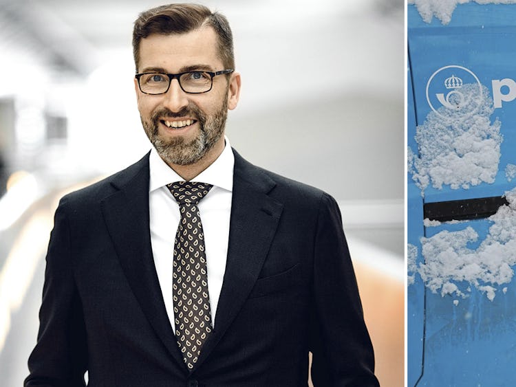 Mattias Krümmel, Postnords avgående vd i kostym, och en bild på en bild med snö från Postnord.