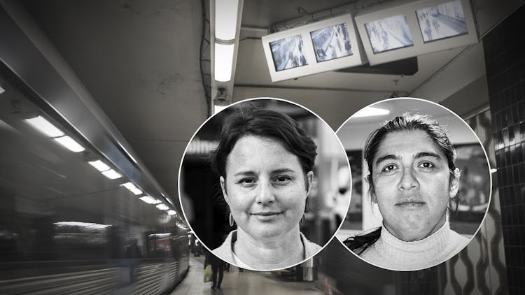 Bild från tunnelbanan i Stockholm där man ser övervakningsskärmar. Infällda porträtt på Lina El Yafi och Marta Aguirre.