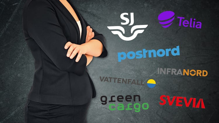 En anonym affärskvinna med korsade armar som står framför en vägg med olika svenska företagslogotyper inklistrade.