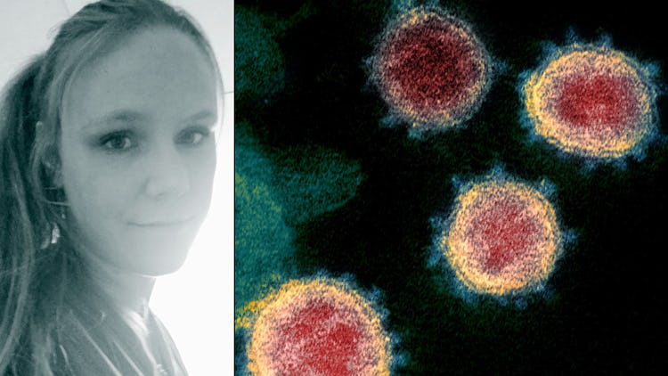Linda Selin och mikroskopbild på coronavirus.