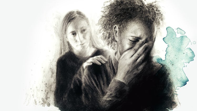 Illustration av två kvinnor, den ena gråter och den andra lägger handen på hennes axel.