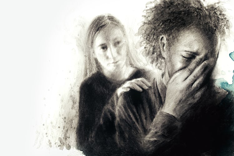Illustration av två kvinnor, den ena gråter och den andra lägger handen på hennes axel.