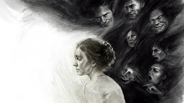 Illustration av en ledsen kvinna med fler hotfulla personer i bakgrunden.