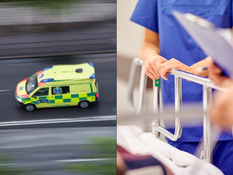 Ambulanssjukvårdare och undersköterska på akutmottagning (genrebilder).
