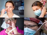 Fyra undersköterskor och vårdbiträden visar upp smarta lösningar för munskydd.