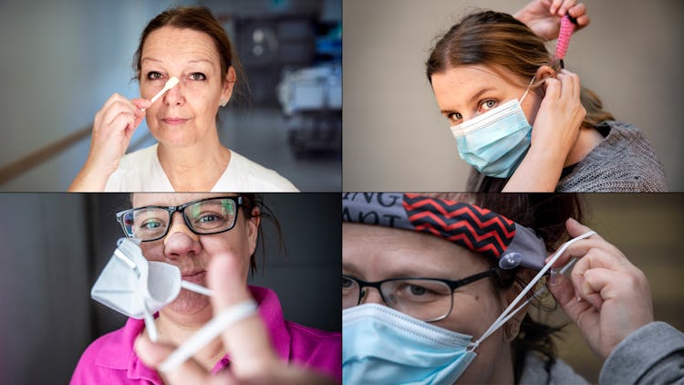 Fyra undersköterskor och vårdbiträden visar upp smarta lösningar för munskydd.