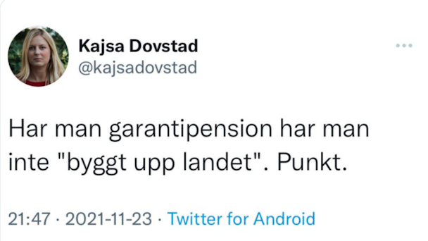 Kajsa Dovstads tweet (numera raderad).