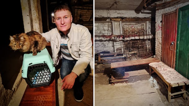 Volodymyr Karmanskyij tar med katten Max till det provisoriska skyddsrummet de gjort i källaren.