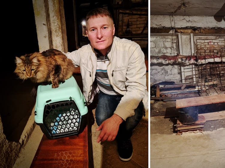Volodymyr Karmanskyij tar med katten Max till det provisoriska skyddsrummet de gjort i källaren.