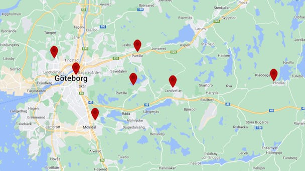 Många kunder bor långt bort, då är det svårt att hinna till kontoret i Göteborg för att äta lunch. Här är de platser Anneli Wiklund arbetade på under en vecka i januari i år. Karta: Google