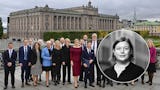 Nya regeringen framför riksdagen och porträttbild på Malin Ragnegård som tycker att välfärden är osynlig i Tidöavtalet