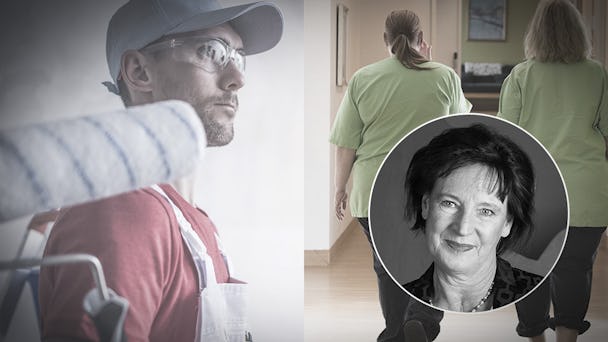 Bilder på målare och undersköterskor och en porträttbild på Annelie Nordström som skriver om skillnaden i lön mellan olika yrken