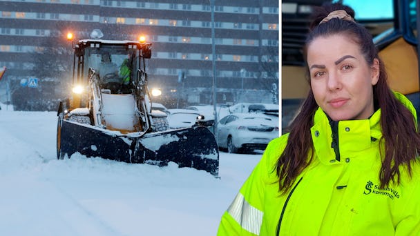 Emelie Rödeman är snöröjare i Sundsvall. (Bilden från snöovädret är tagen vid ett tidigare tillfälle.)