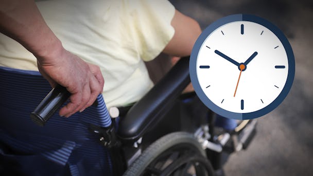 Bild på klocka och en person i rullstol.