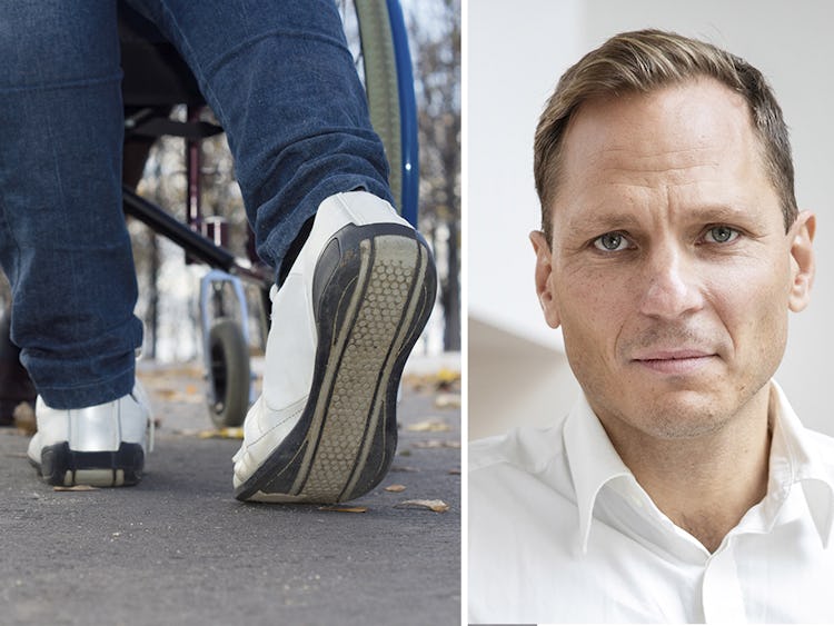 Bild på person som går med en rullstol och en porträttbild på Johan Ingelskog som är avtalssekreterare i Kommunal.
