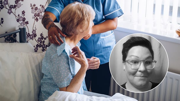 En äldre kvinna blir omhändertagen av en vårdare. Infälld bild på debattören Ann-Sofie Svensson.