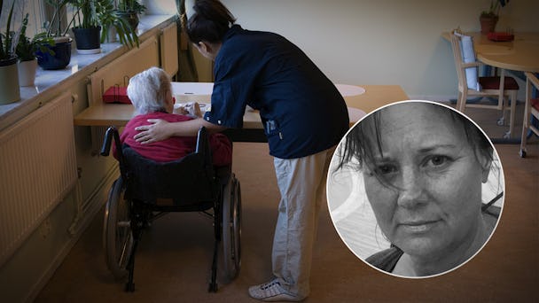 Bild på kvinna som vårdar en äldre dam. Och porträttbild på Elisabeth Lilliesköld.