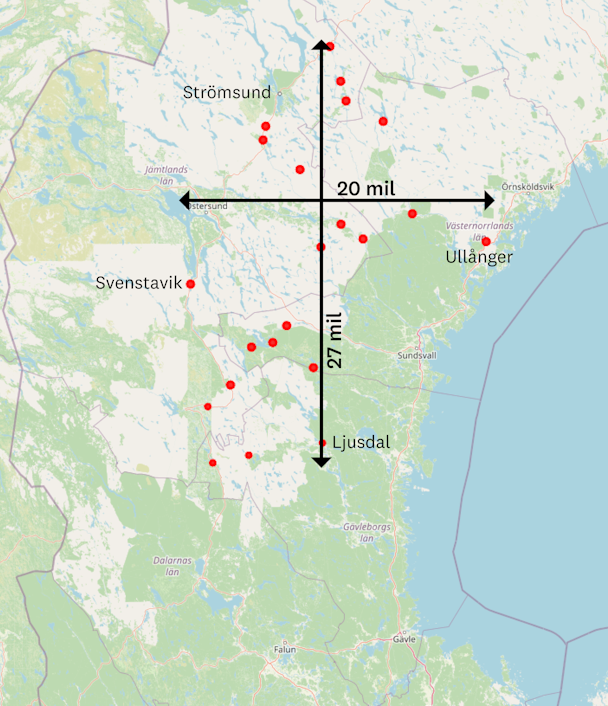 Karta över bärplockarområde i södra Norrland. Området är 27 mil norr till söder och 20 mil öster till väster. 22 platser med boenden för bärplockare är markerade.