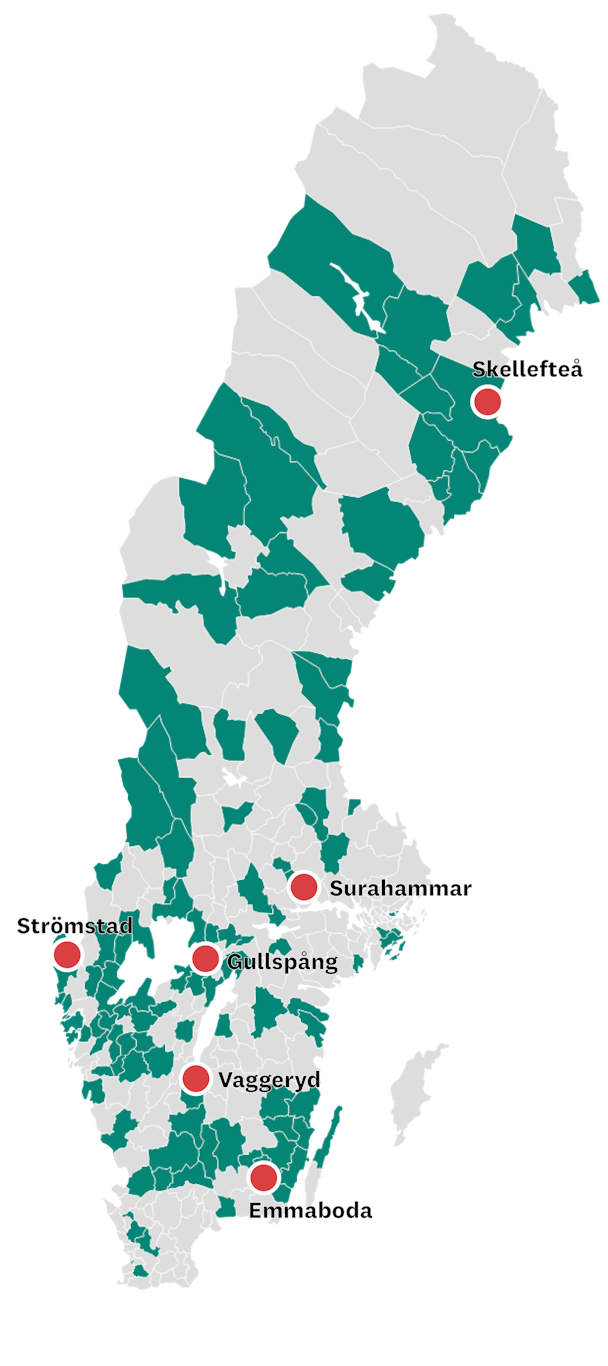 Karta som visar vilka 115 kommuner som har lägstalöner. I Emmaboda, Gullspång, Skellefteå, Strömstad, Surahammar och Vaggeryd finns de högsta lönerna.