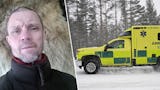 Joakim Mikaelsson., ambulanssjukvårdare, och på bild en ambulans i snöväder.