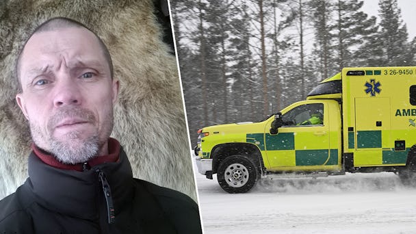 Joakim Mikaelsson., ambulanssjukvårdare, och på bild en ambulans i snöväder.
